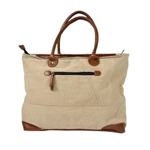 NWT Mona B Weekender Tote Blue Tan Upcycled Canvas Boho Carpet Print - Picture 2 of 11